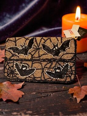 Beaded Bat Motif Clutch - Black and Gold